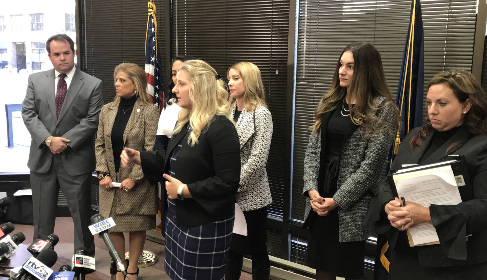 The four women who say Attorney General Curtis Hill groped them (and their attorneys) address the media in October of 2018. (Brandon Smith/IPB News)