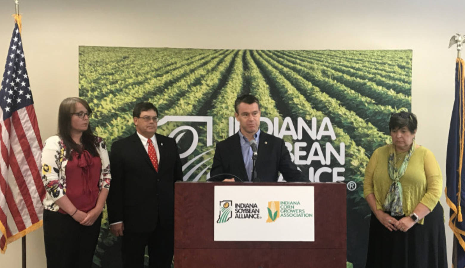 From left to right: Sarah Delbecq, president of the Indiana Corn Growers Association; Phil Ramsey, chairman of the Soybean Membership and Policy Committee; Sen. Todd Young; and Jane Ade Stevens, CEO of the Indiana Corn Marketing Council.