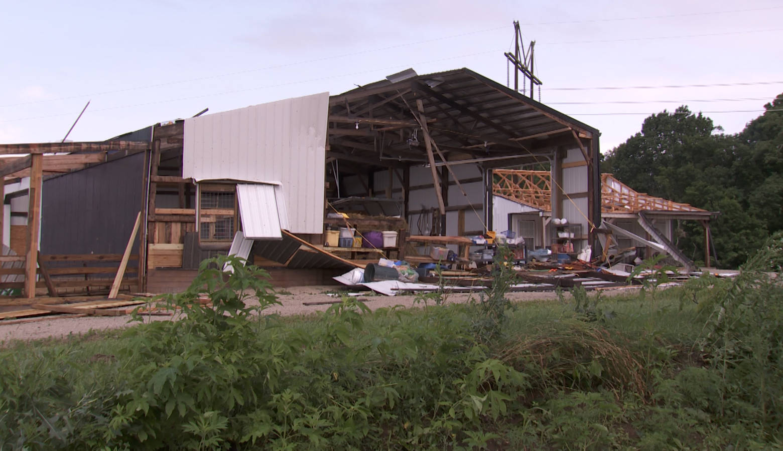 Like her home, Sue Stolz's barn was severely damaged in the tornado (Seth Tackett/WTIU)