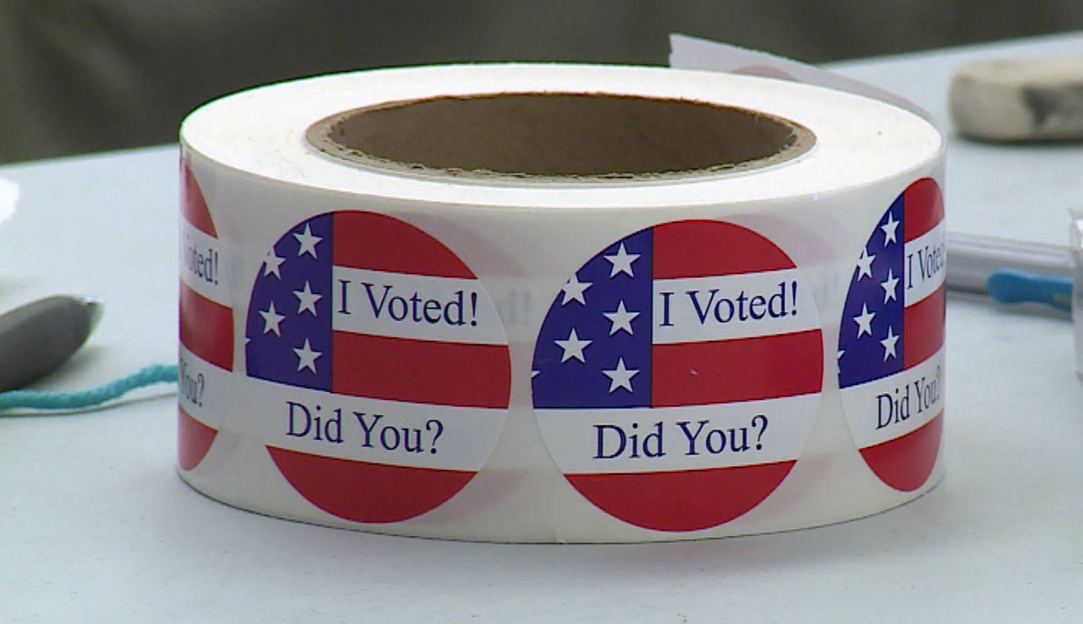 Only 13 percent of eligible, registered Hoosier voters could get stickers like these in the May 2019 primary elections. (Steve Burns/WTIU)