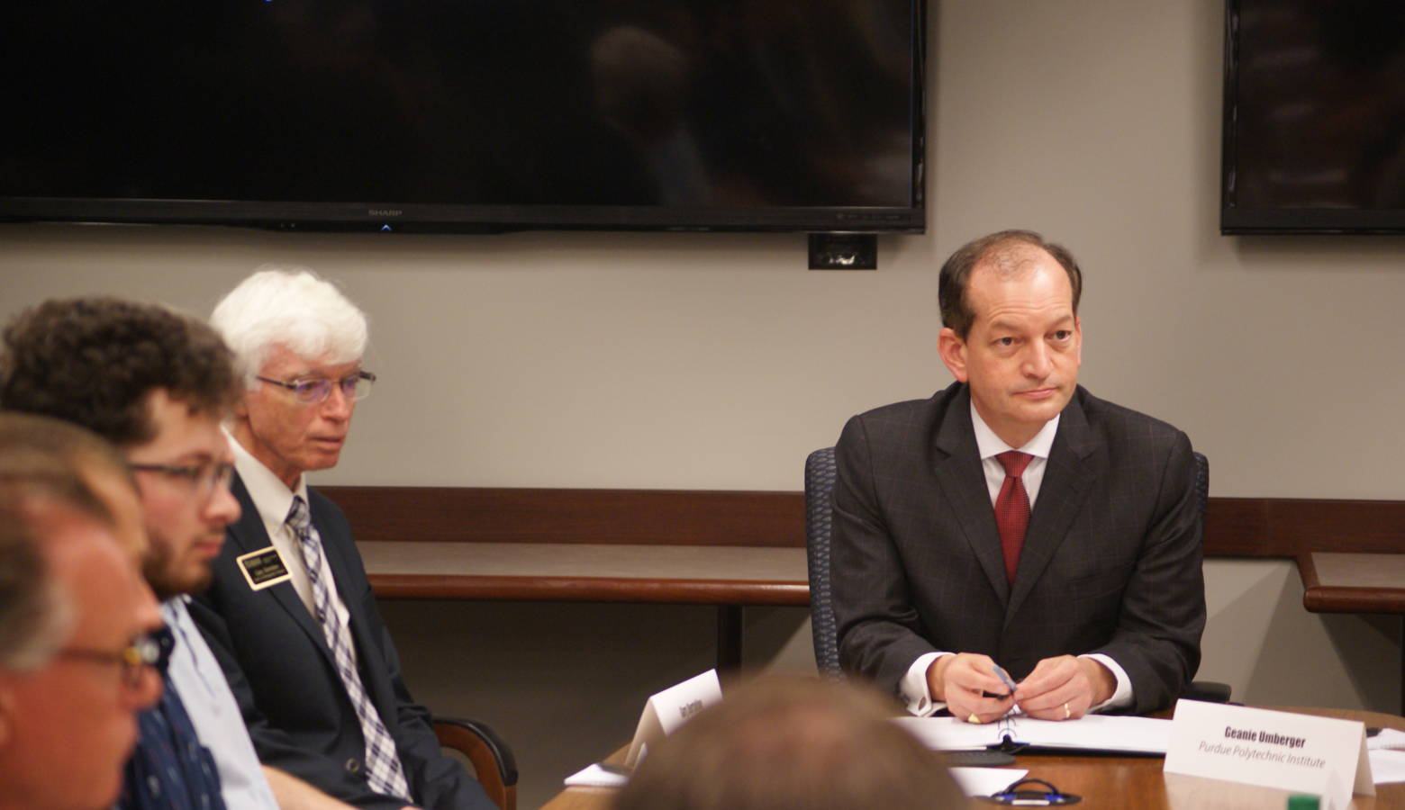 U.S. Secretary of Labor Alexander Acosta participates in a roundtable discussion with Indiana cybersecurity businesses and Purdue students and faculty. (Samantha Horton/IPB News)