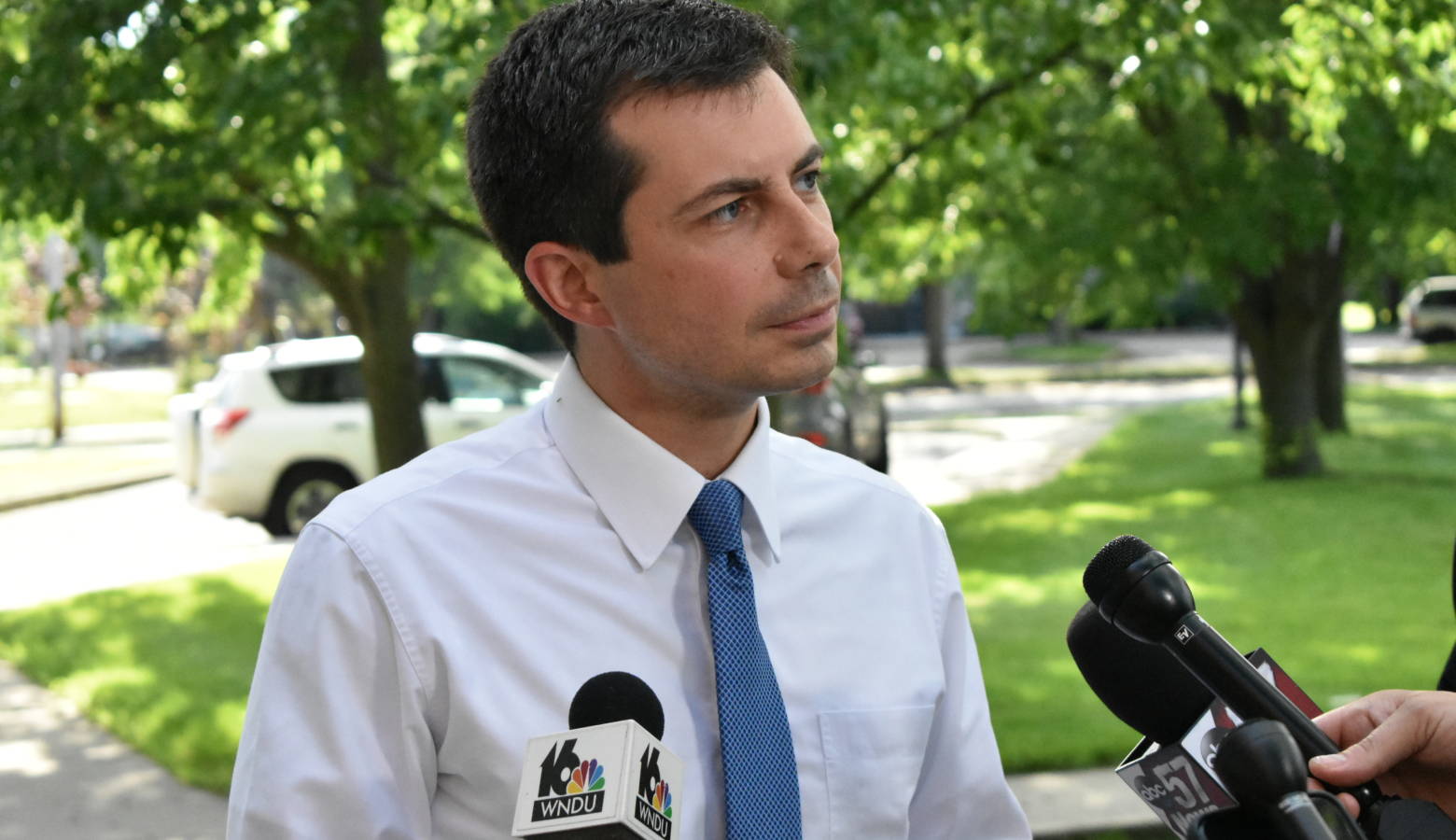 South Bend Mayor Pete Buttigieg speaks to reporters about his presidential campaign outside of a July 1, 2019 press conference about community policing efforts. (Justin Hicks/IPB News)