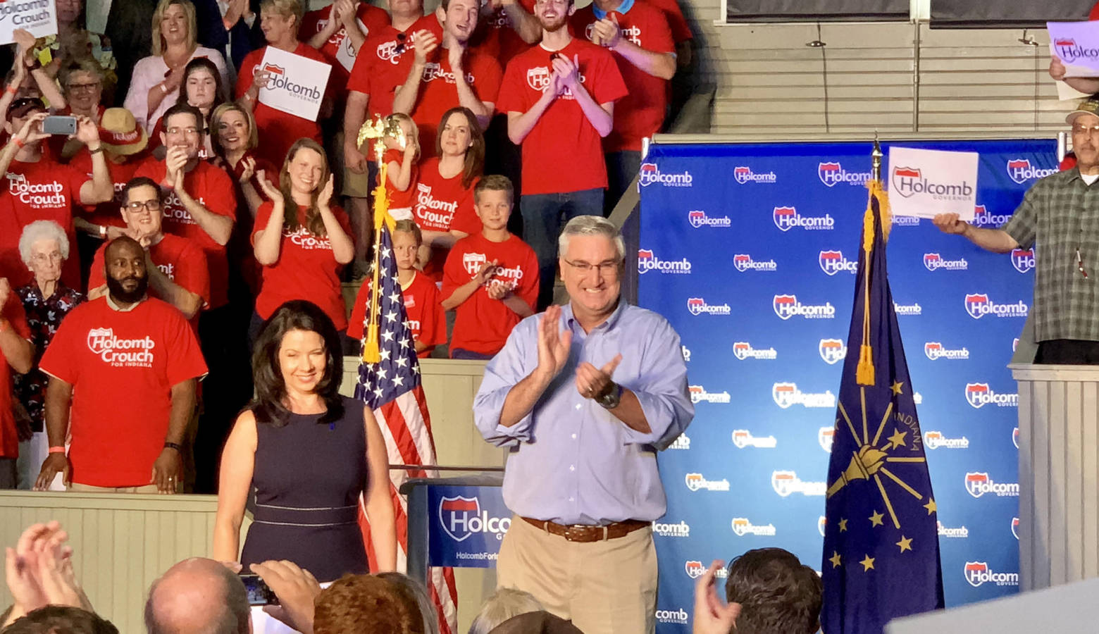 Gov. Eric Holcomb, with his wife Janet, officially launches his 2020 re-election campaign at the Hoosier Gym in Knightstown, Indiana. (Brandon Smith/IPB News)
