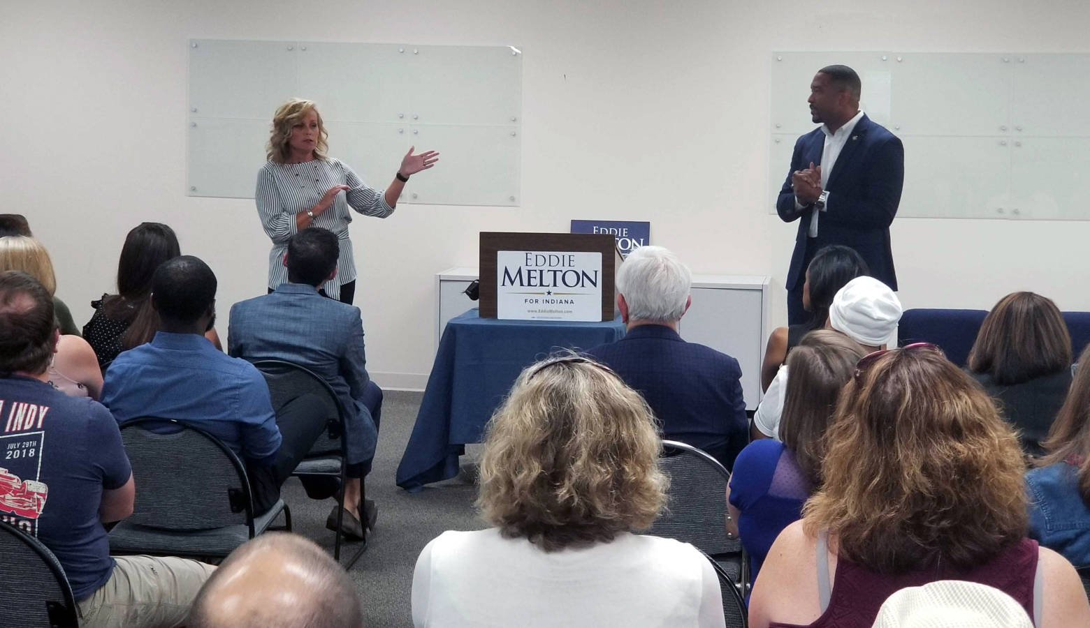 State Superintendent of Public Instruction Jennifer McCormick and Sen. Eddie Melton (D-Gary) give opening remarks at the first stop on their statewide listening tour. (Jeanie Lindsay/IPB News)