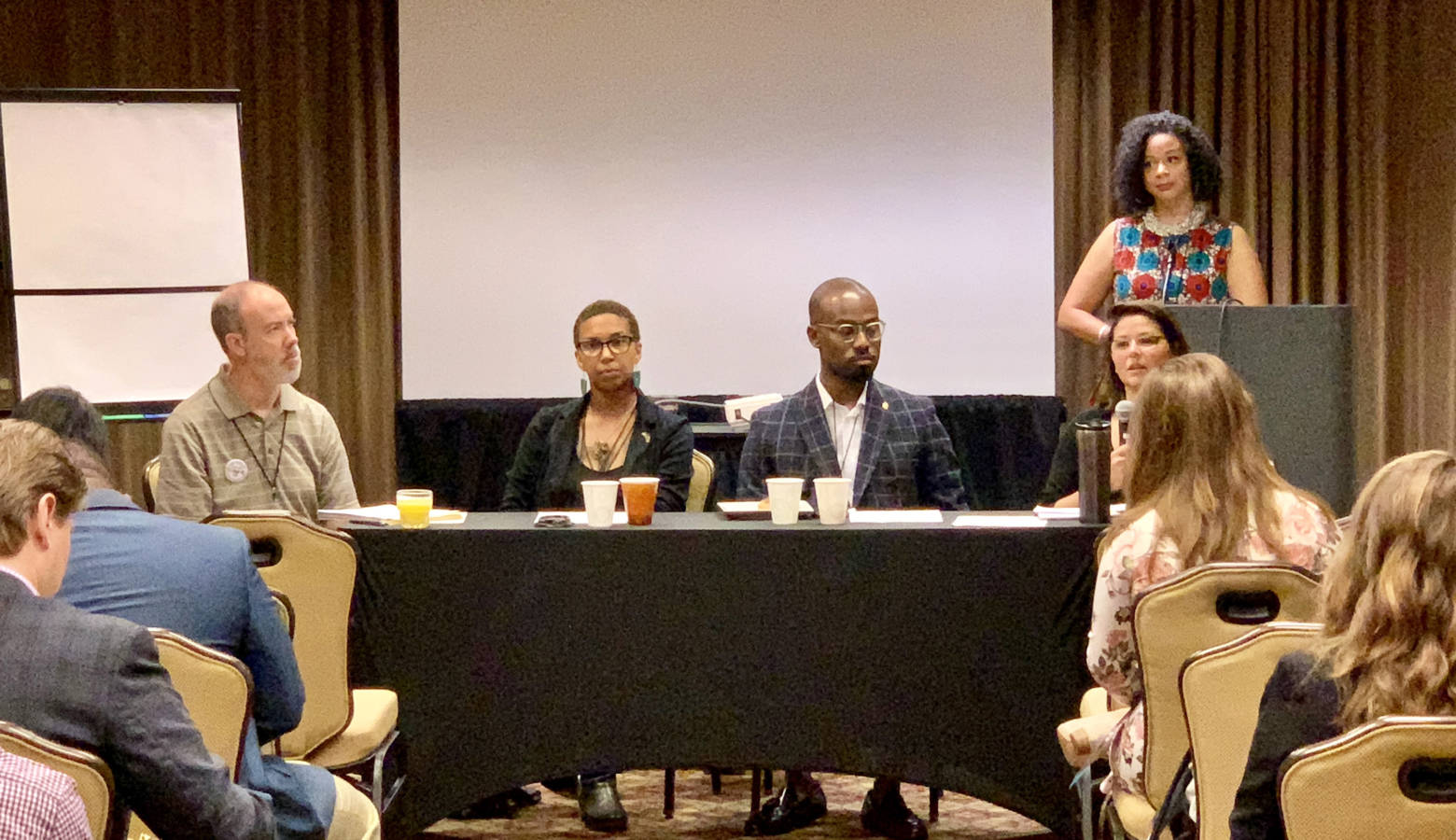 Tatjana Rebelle and Jamal Abdulrasheed, center, talk faith in politics on a panel at the Young Democrats of America national convention in Indianapolis. (Brandon Smith/IPB News)