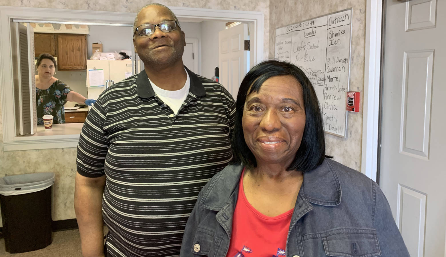 Clubhouse member David Fearance and his caregiver Kat Blane at Circle City Clubhouse. Fearance, a 59-year-old Army veteran has been coming to this converted office building on Indy's west side for nearly three years. (Jill Sheridan/IPB News)