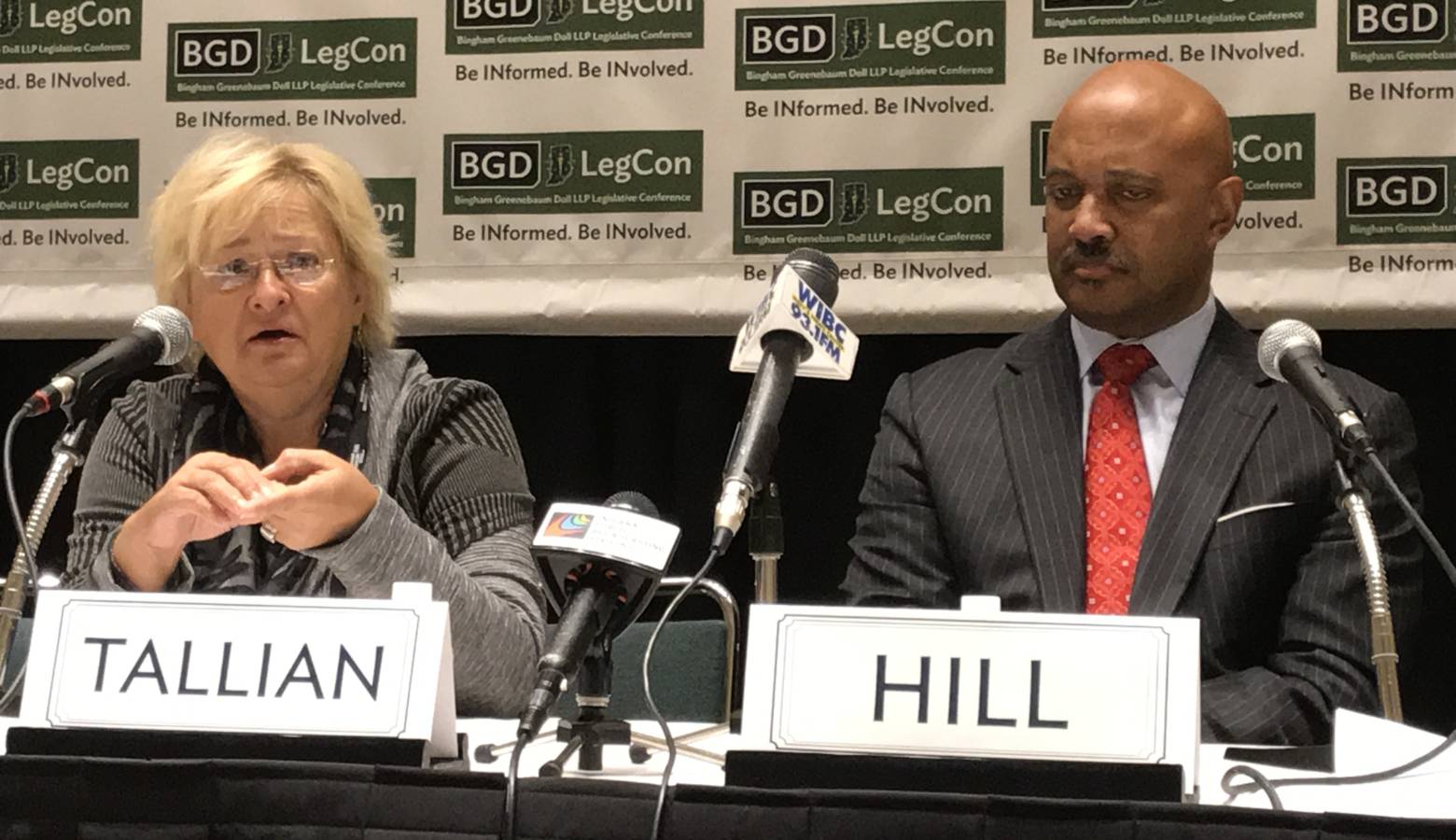 Sen. Karen Tallian (D-Ogden Dunes) next to incumbent Republican Attorney General Curtis Hill at a 2017 legislative conference. (Brandon Smith/IPB News)