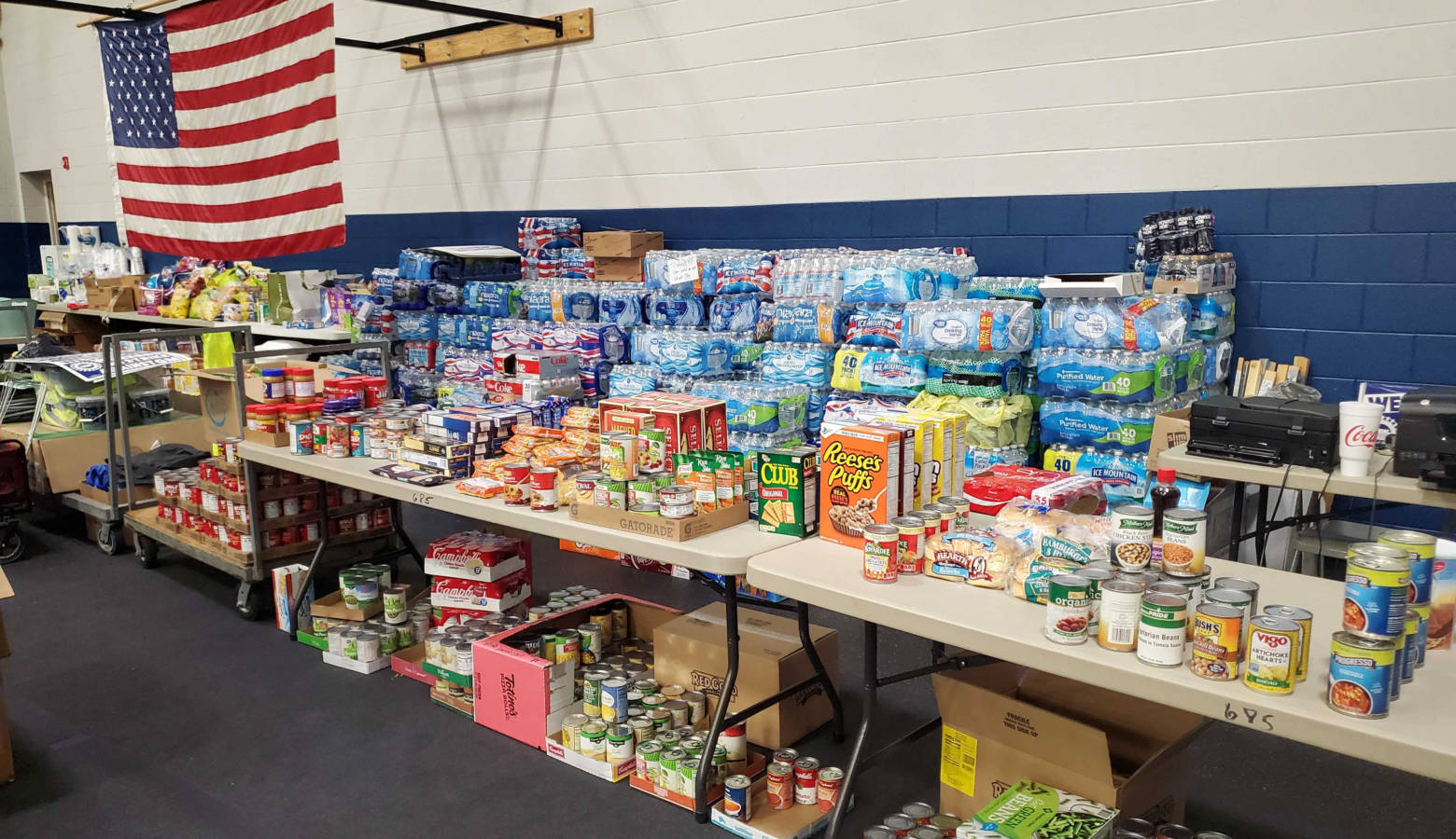 A food pantry is set up in gym of the UAW Local 685 union hall from food donated to help members in need during the strike against General Motors. (Samantha Horton/IPB News)