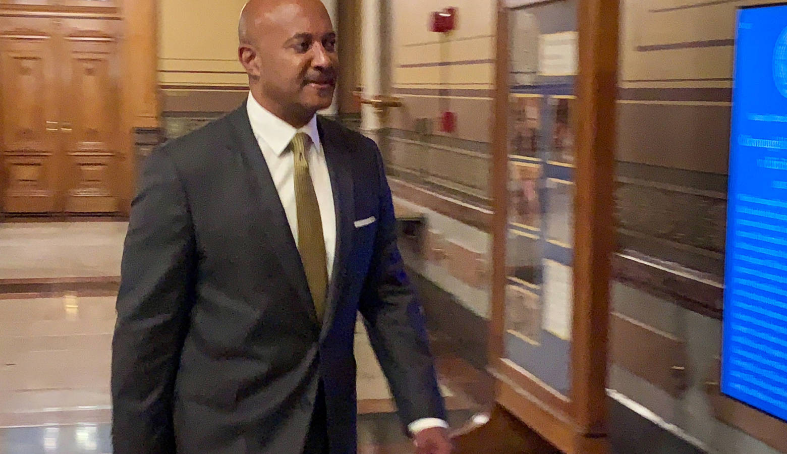 Attorney General Curtis Hill walks into the Indiana Supreme Court courtroom during the second day of his attorney disciplinary hearing. (Brandon Smith/IPB News)