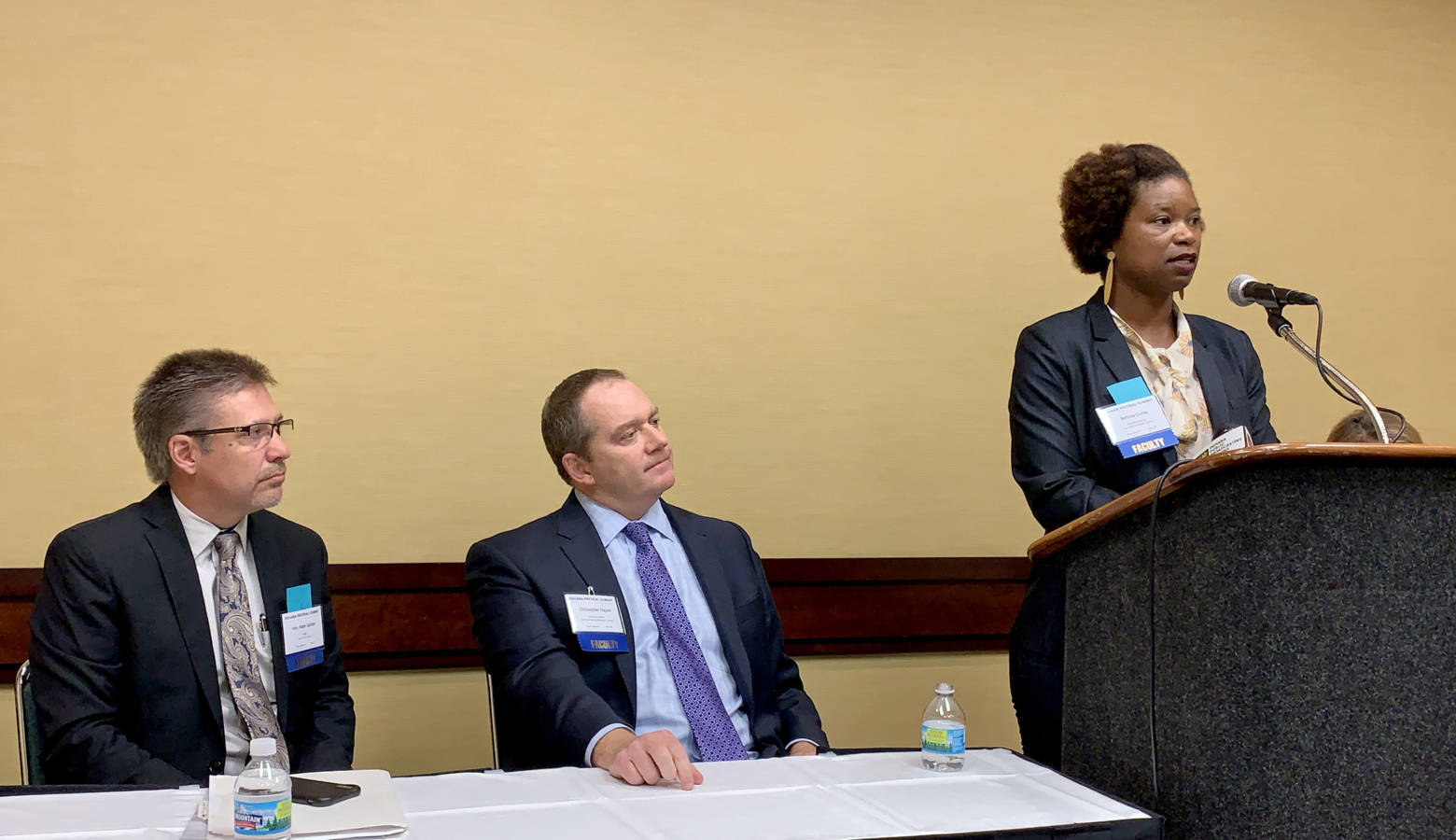 From left, Grant County Judge Mark Spitzer, Indiana Prosecuting Attorneys Council Executive Director Chris Naylor, and Indiana Public Defender Council Executive Director Bernice Corley. (Brandon Smith/IPB News)