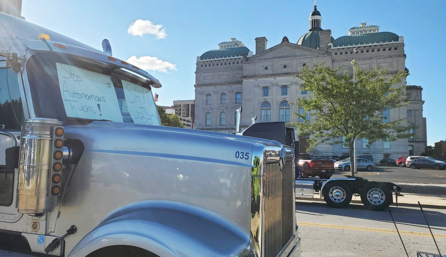 Commercial drivers parked trucks in front of the Statehouse to protest future autonomous vehicle legislation. (Samantha Horton/IPB News)