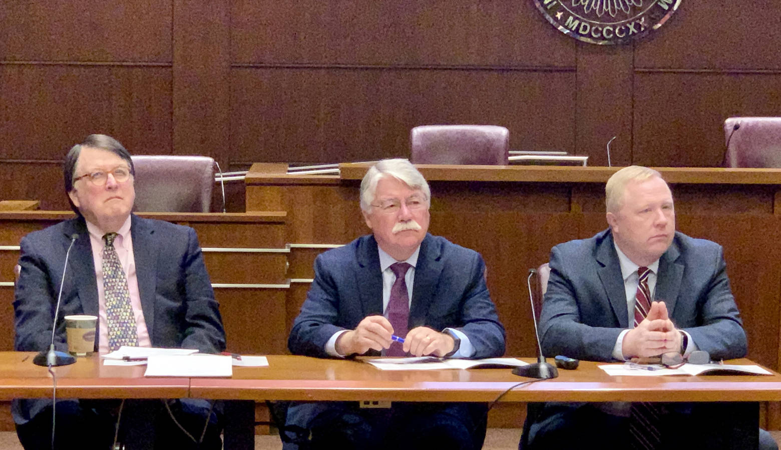 Former Indiana Chief Justice Randall Shepard, former Attorney General Greg Zoeller and Indiana Bar Foundation Executive Director Chuck Dunlap at the unveiling of the 2019 Indiana Civic Health Index. (Brandon Smith/IPB News)