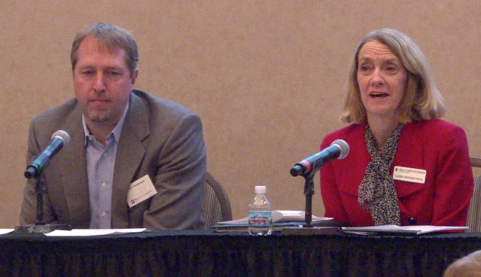 Kelley School of Business professors Kyle Anderson and Cathy Bonser-Neal speak on the 2020 economic forecast panel at IUPUI Thursday morning. (Samantha Horton/IPB News)