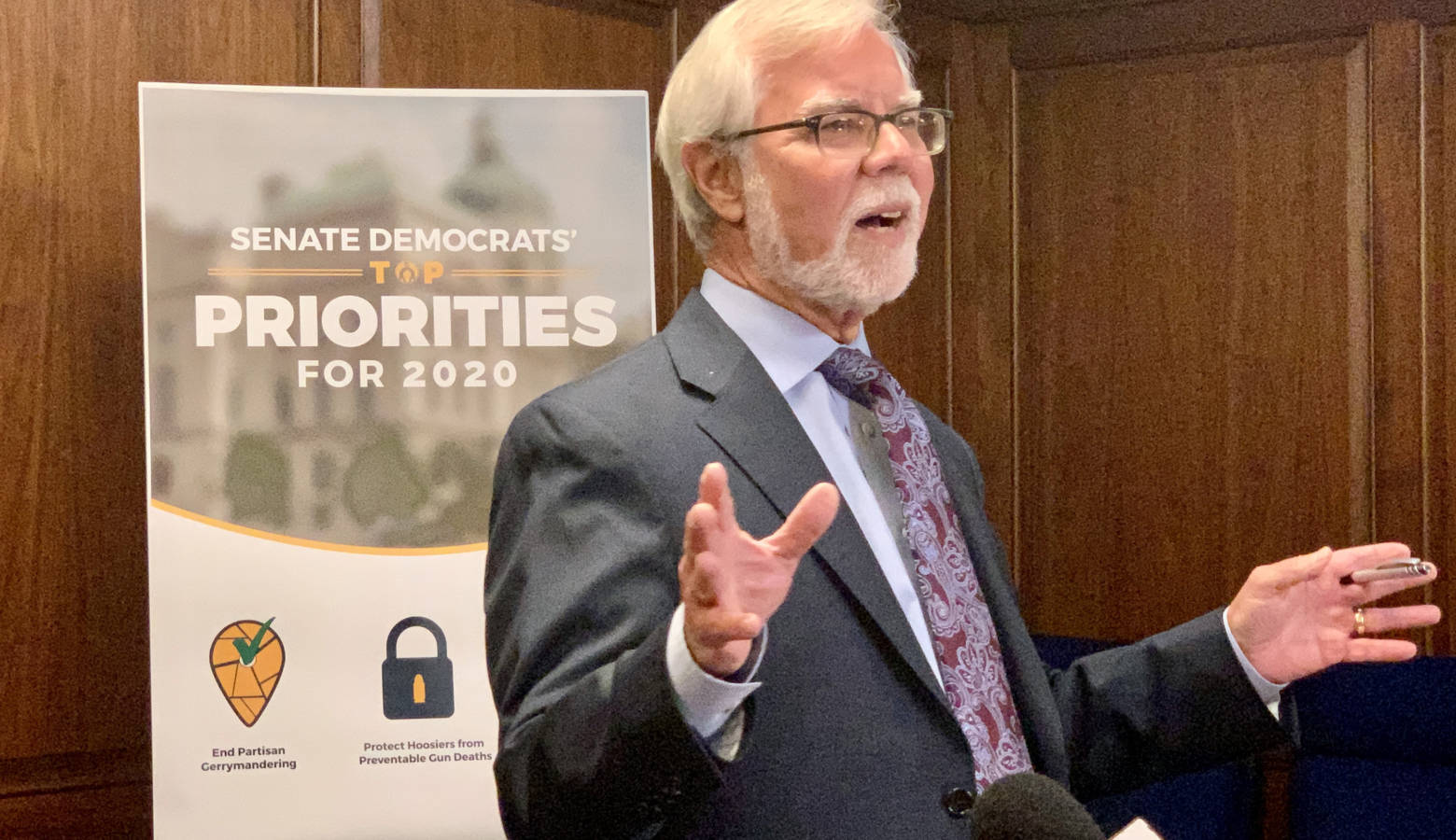 Senate Minority Leader Tim Lanane (D-Anderson) discusses his caucus's 2020 legislative agenda. (Brandon Smith/IPB News)