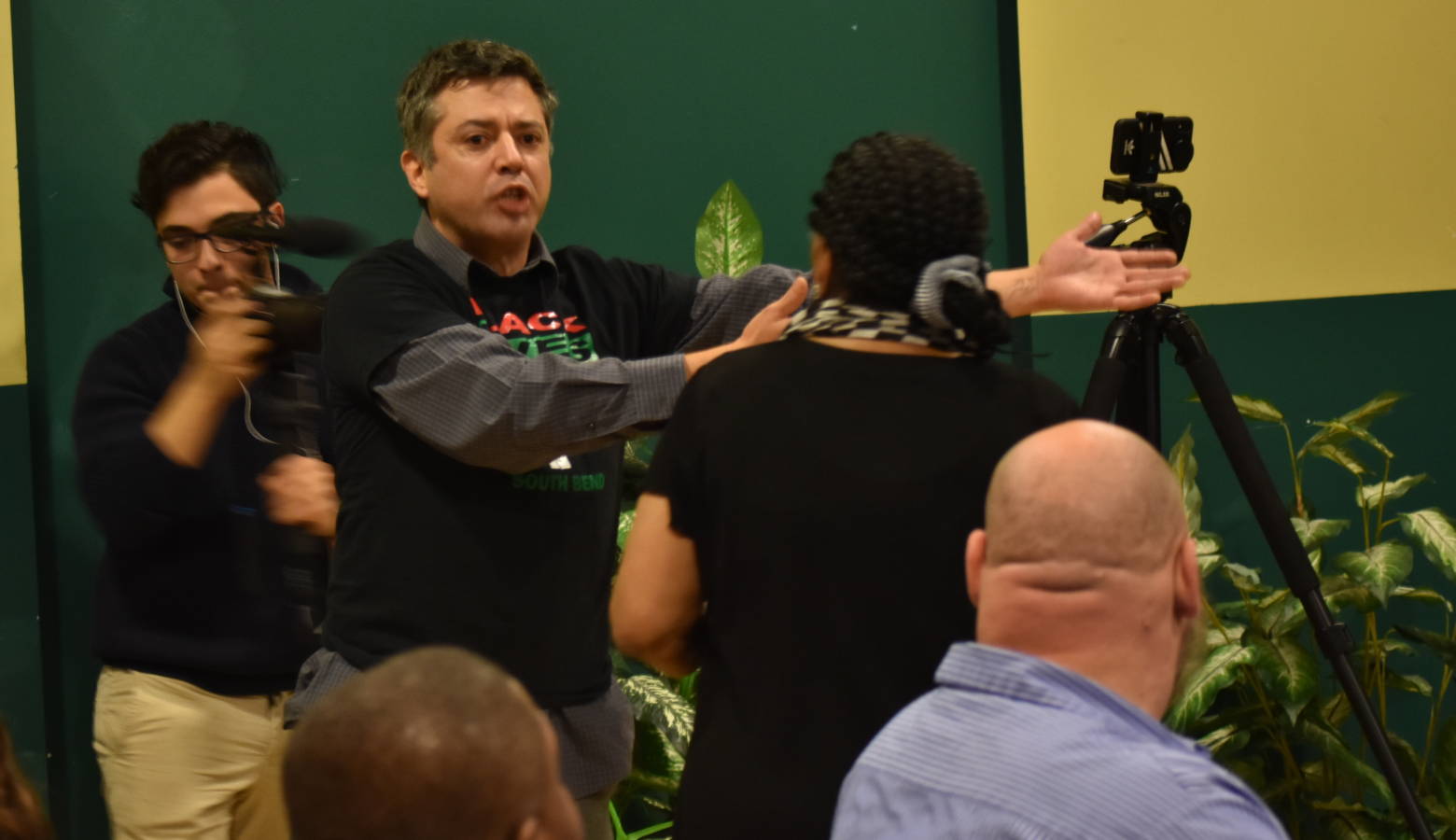 Igor Rodriguez, a protestor, disrupted an event for African American community leaders to show support for Mayor Pete Buttigieg. (Justin Hicks/IPB News)