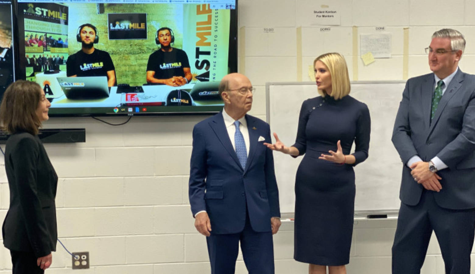 Adivisor to the President Ivanka Tump (second to the right) speaks with the Last Mile founder Beverly Parenti (far left). Trump is joined by Secretary of Commerce Wilbur Ross and Gov. Eric Holcomb (far right).