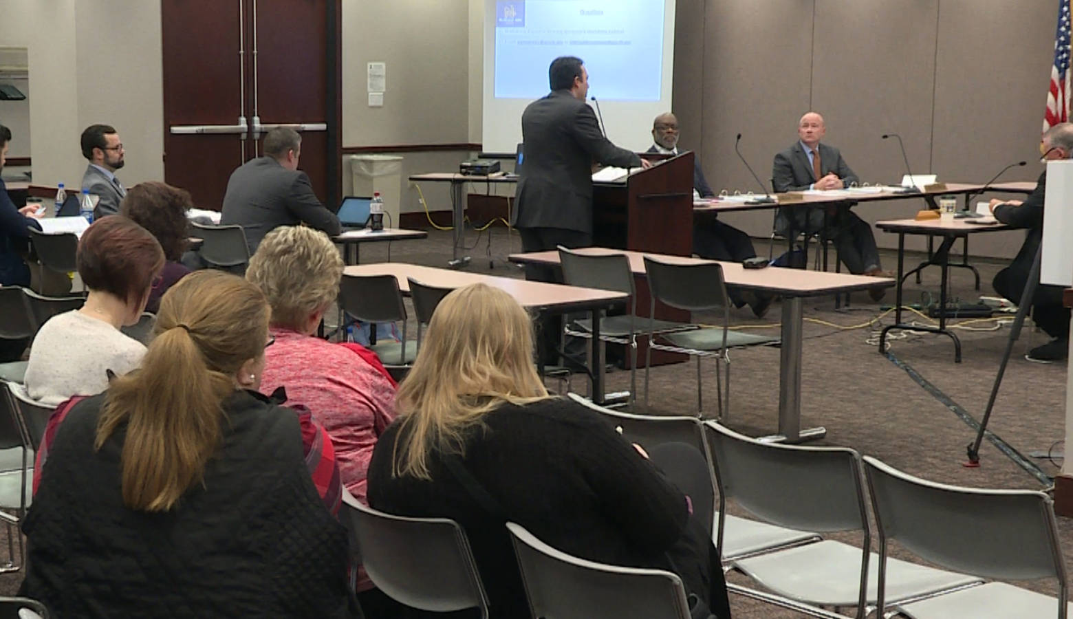 A handful of CTE and FCS teachers listen to state officials discuss the DWD's funding framework that the state board approved at its final meeting of 2019. (Jeanie Lindsay/IPB News)