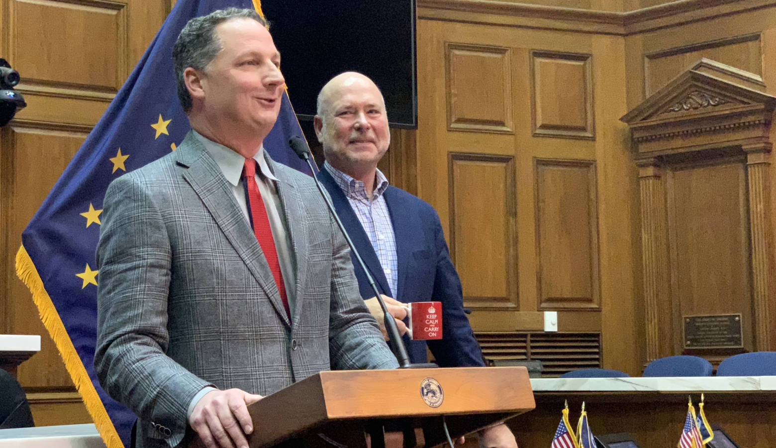 Rep. Todd Huston (R-Fishers), left, and House Speaker Brian Bosma (R-Indianapolis) discuss Huston's ascension to the speakership. (Brandon Smith/IPB News)