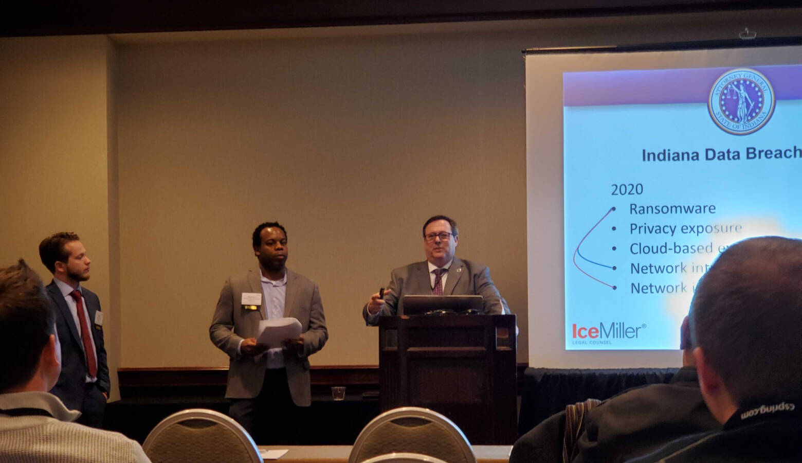 (left to right) Ice Miller associate Mason Clark and partner Stephen Reynolds present with Office of Attorney General Section Chief Doug Swetnam at the Indiana Chamber 2020 Business Technology Summit. (Samantha Horton/IPB News)