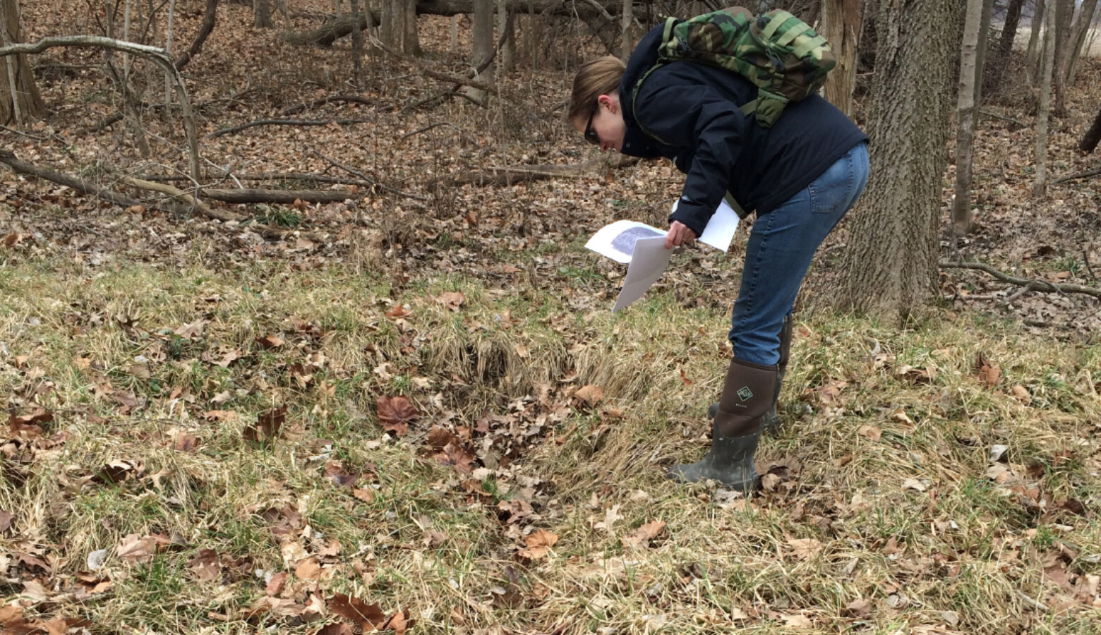 An Indiana Department of Environmental Management employee inspects an area in Hamilton County where an agricultural tile has been damaged, causing what they call an isolated wetland to form over time, 2017. (Courtesy of IDEM)