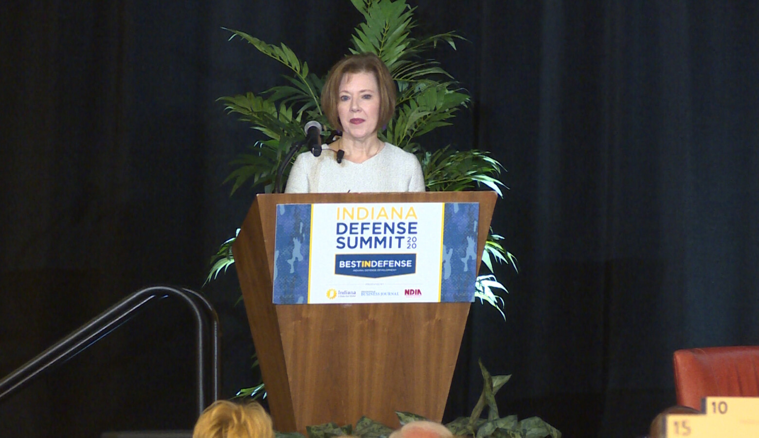 Department of Defense Chief Management Officer Lisa Hershman speaks at the inaugural Indiana Defense Summit held in Indianapolis. (Alan Mbathi/IPB News)