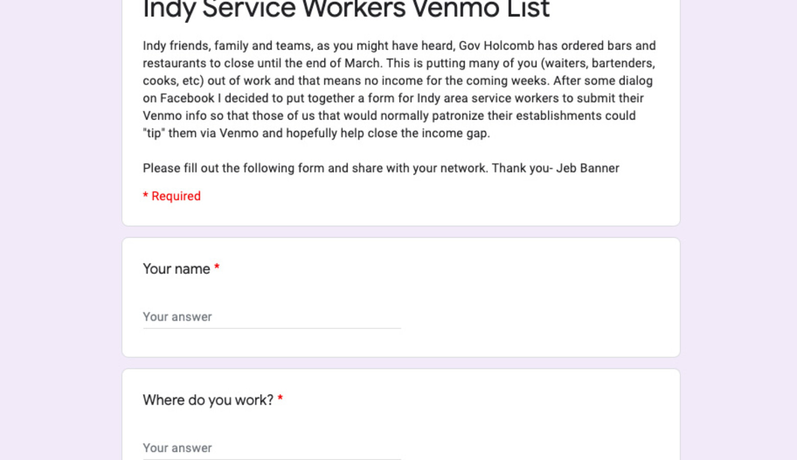 The Google Form is designed to help financially support service workers in the Indianapolis region. (Screenshot Indy Service Workers Venmo List Google Form)