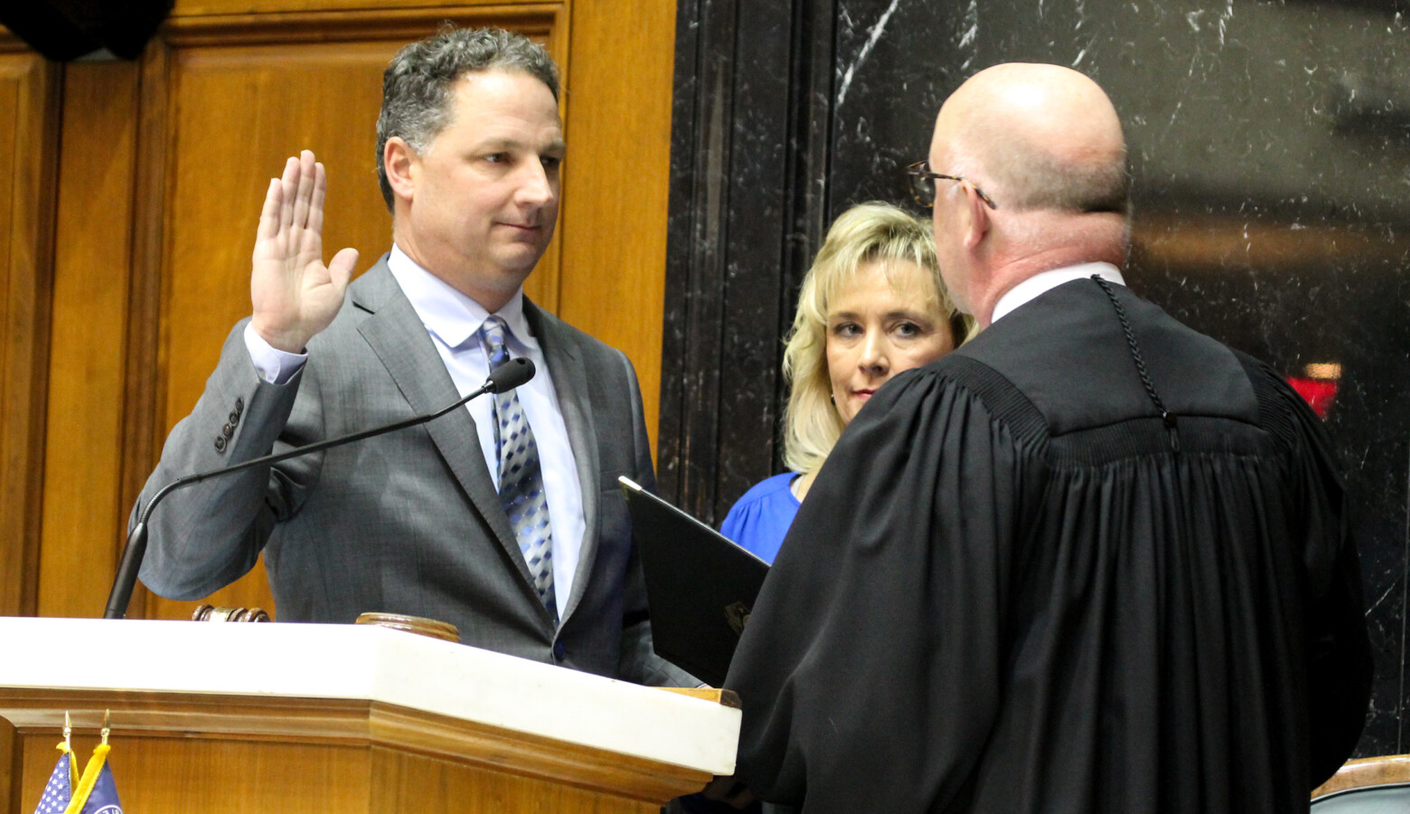 Speaker Todd Huston (R-Fishers) sworn in by Supreme Court Justice Mark Massa. (Lauren Chapman/IPB News)
