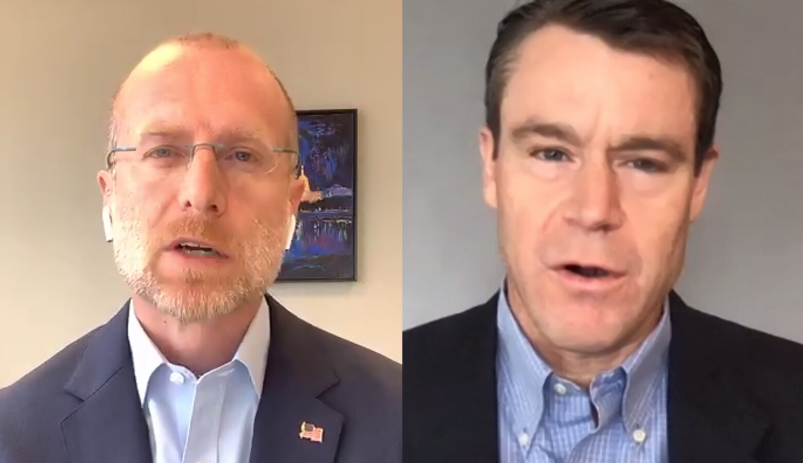 FCC Commissioner Brendan Carr, left, and U.S. Sen. Todd Young (R-Ind.) hold a video press conference to discuss expanded telehealth funding in the federal CARES Act. (Screenshot of Zoom call)