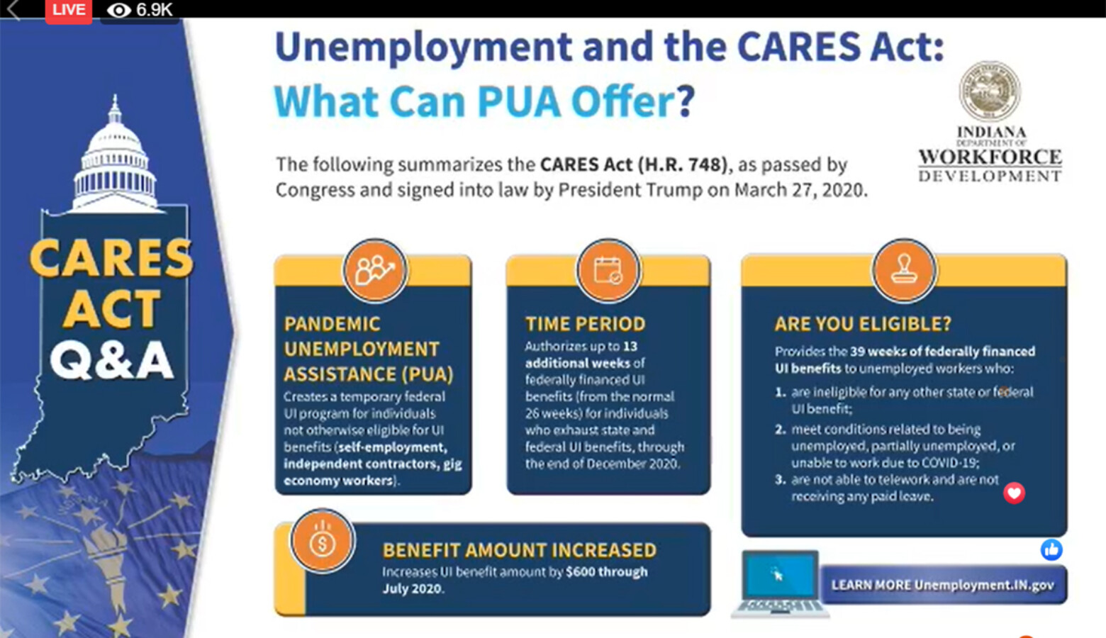 The Indiana Department of Workforce Development provided updates Wednesday about how the federal CARES Act has changed unemployment insurance benefits. (IndianaDWD/Facebook)