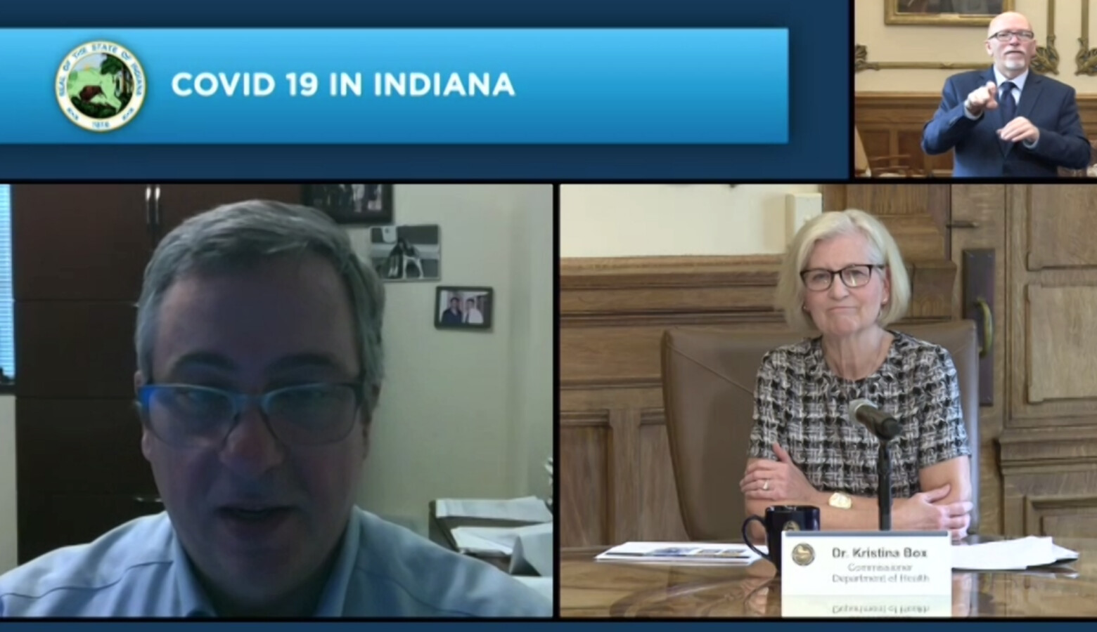 St. Joseph County Health Department's Dr. Mark Fox, left, discusses contact tracing with State Health Commissioner Dr. Kris Box. (Screenshot of Zoom call)