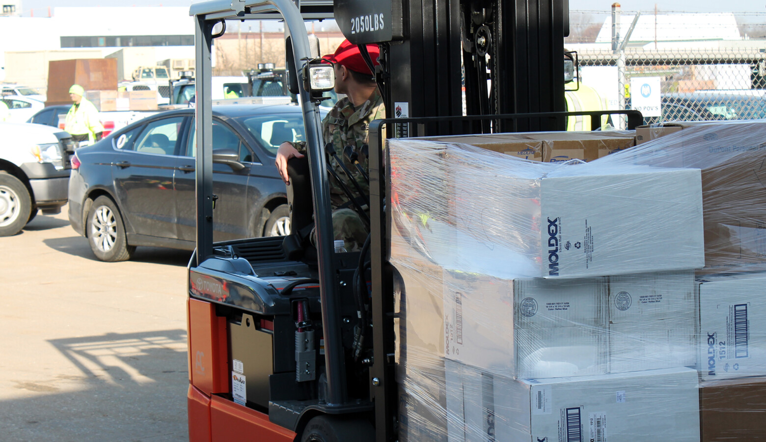 The National Guard organizes deliveries of personal protective equipment to hospitals on March 26. (Lauren Chapman/IPB News)