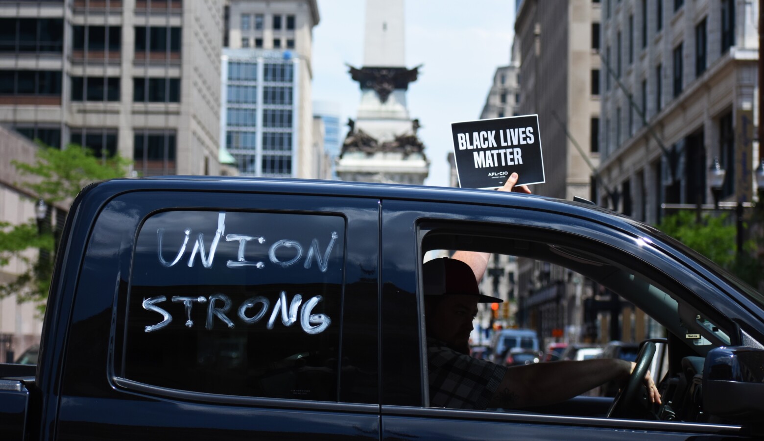 Union workers at a car rally outside the Indiana Statehouse. (Justin Hicks / IPB News)