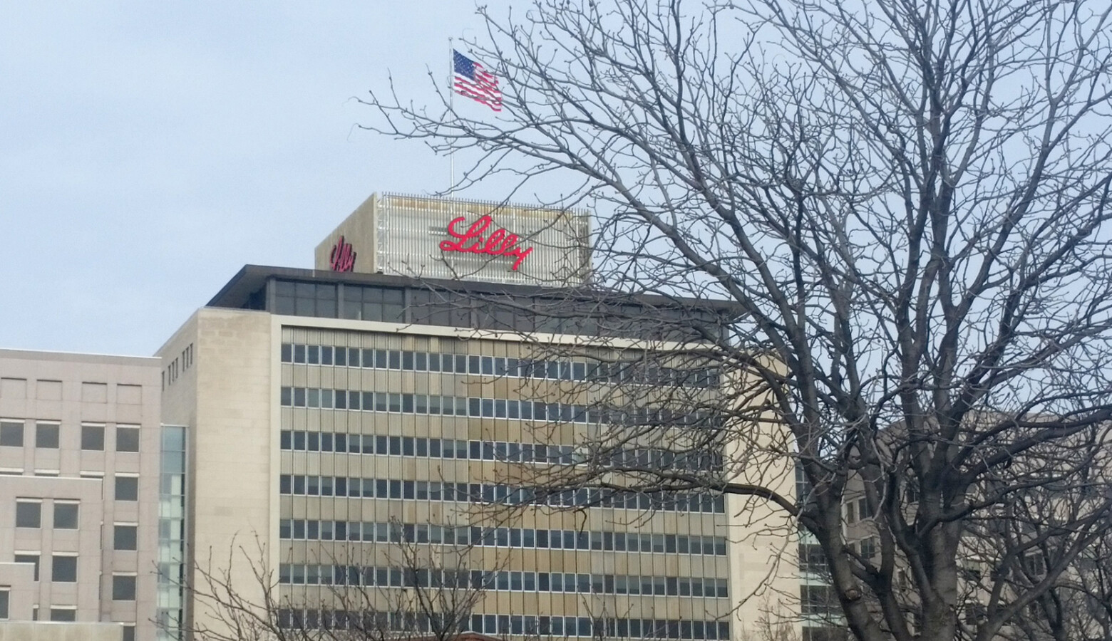 Eli Lilly's Corporate Headquarters in Indianapolis. The company announced Monday it had started the world's first COVID-19 antibody treatment in humans study. (Lauren Chapman/IPB News)