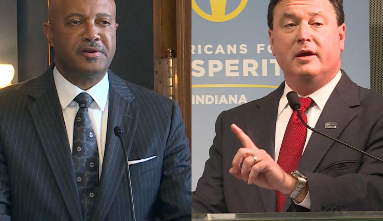 Attorney General Curtis Hill and former U.S. Rep. Todd Rokita didn’t shy away from talking about the sexual misconduct charges that have put Hill’s candidacy at risk during their speeches to Indiana Republican Party convention delegates. (Lauren Chapman/I