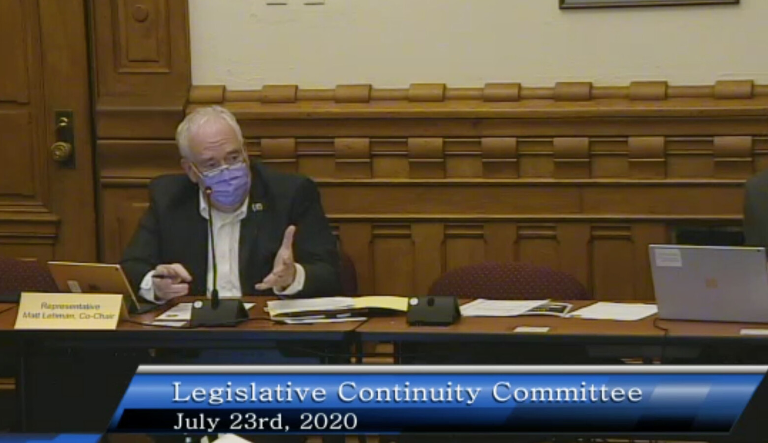 The Legislative Continuity Study Committee, chaired by Rep. Matt Lehman (R-Berne), is tasked with preparing for a legislative session in January that must adjust to the COVID-19 pandemic. (Screenshot of committee livestream)