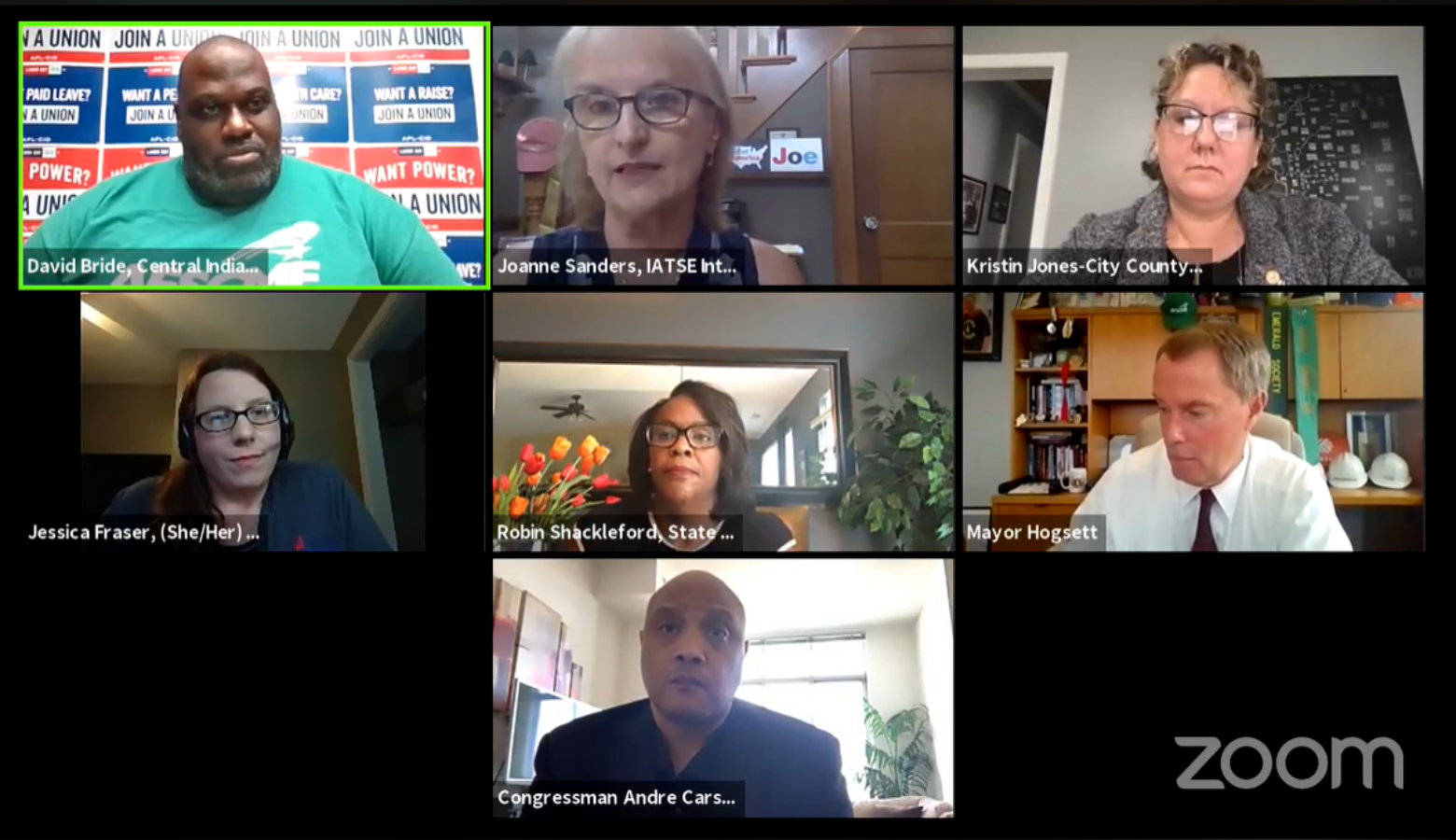 Labor leaders and elected officials in central Indiana talk at the virtual town hall. (Screenshoot of Zoom call)