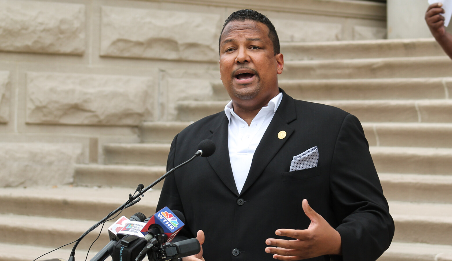 Rep. Earl Harris, Jr. (D-East Chicago) discusses the Indiana Black Legislative Caucus's justice reform agenda during a recent press conference. (Lauren Chapman/IPB News)