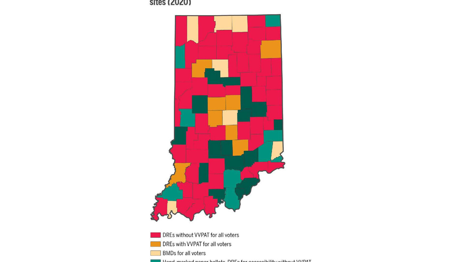 A majority of Indiana counties - 52 out of 92 - use voting machines without a verified paper tail, putting them at greater risk for irreversible error. (Courtest of the IU Public Policy Institute)