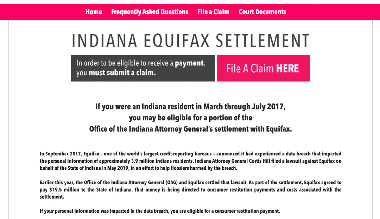 Hoosiers have until Dec. 16 to submit a claim at IndianaEquifaxClaims.com. (Screenshot of IndianaEquifaxClaims.com)