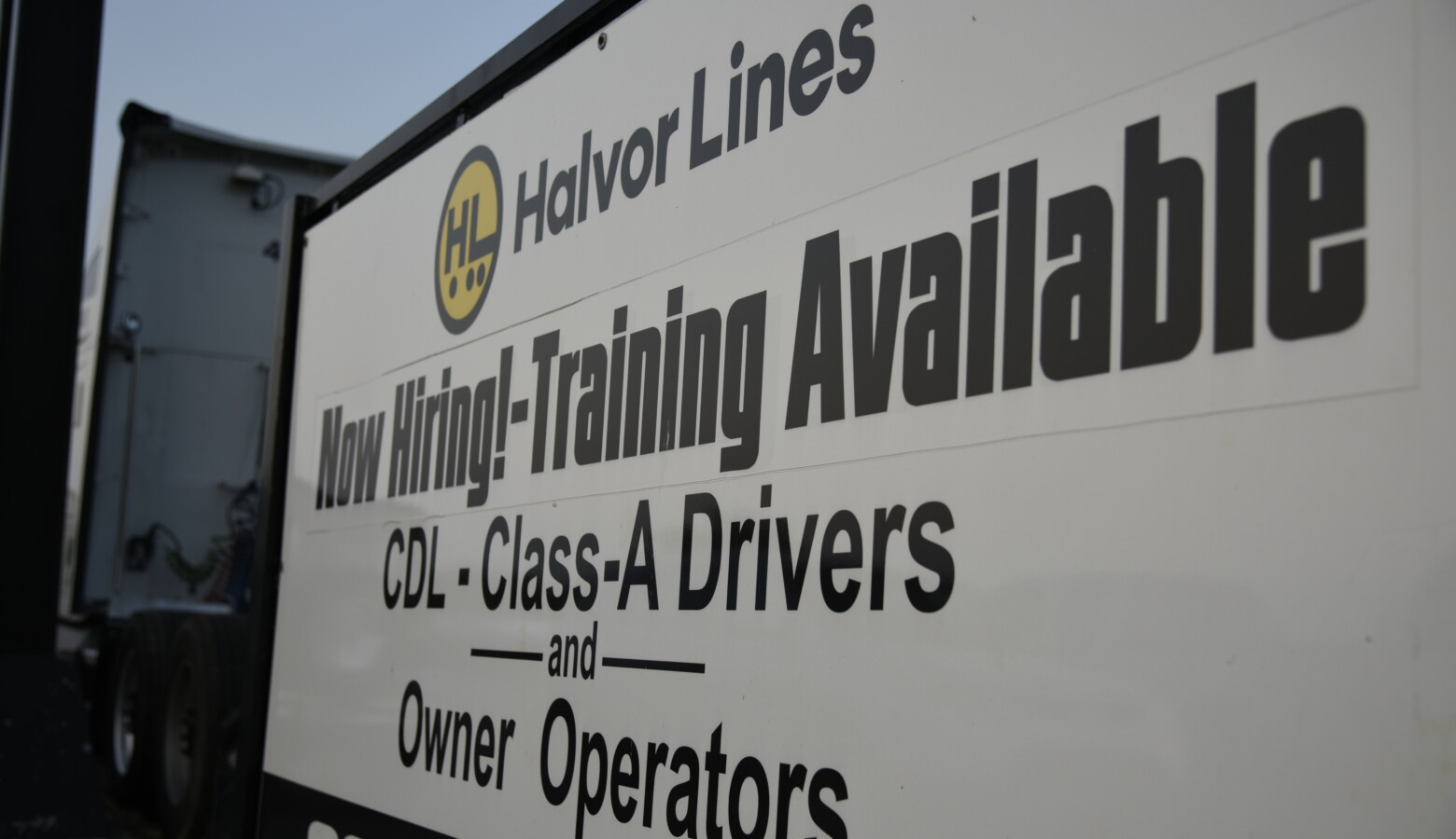 A trucking company in South Bend advertises training available to help new hires get CDL licenses. (Justin Hicks/IPB News)