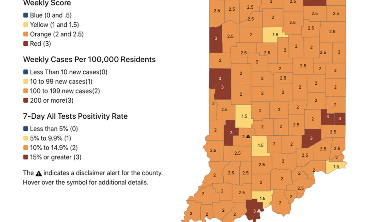 Almost all of Indiana's counties are now at risk of at least moderate to high spread of COVID-19. (Courtesy of the State Department of Health)