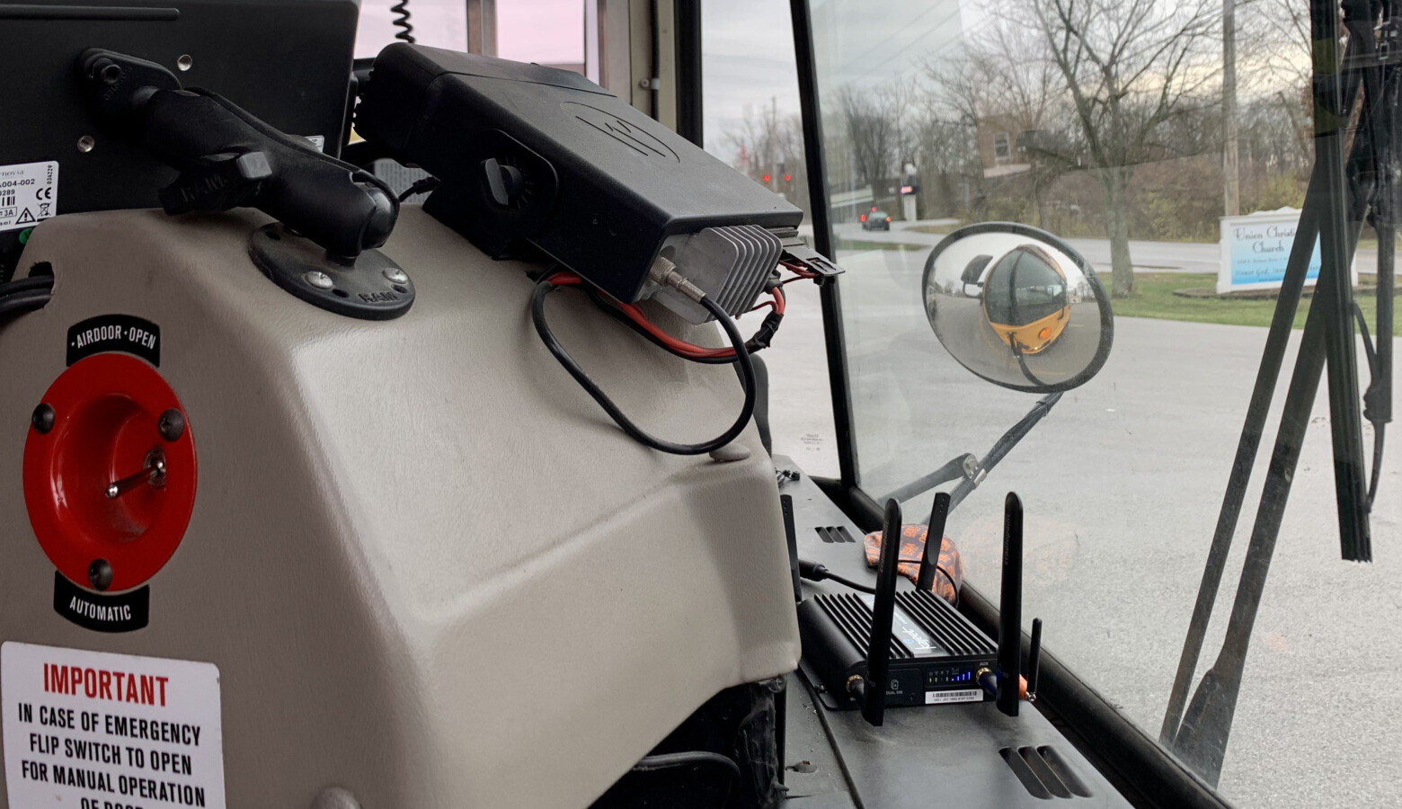 The small Wi-Fi router is placed in the front window of the buses can cover the distance of an average-sized parking lot to provide students and families short-term internet access. (Photo provided by Vigo County School Corporation)