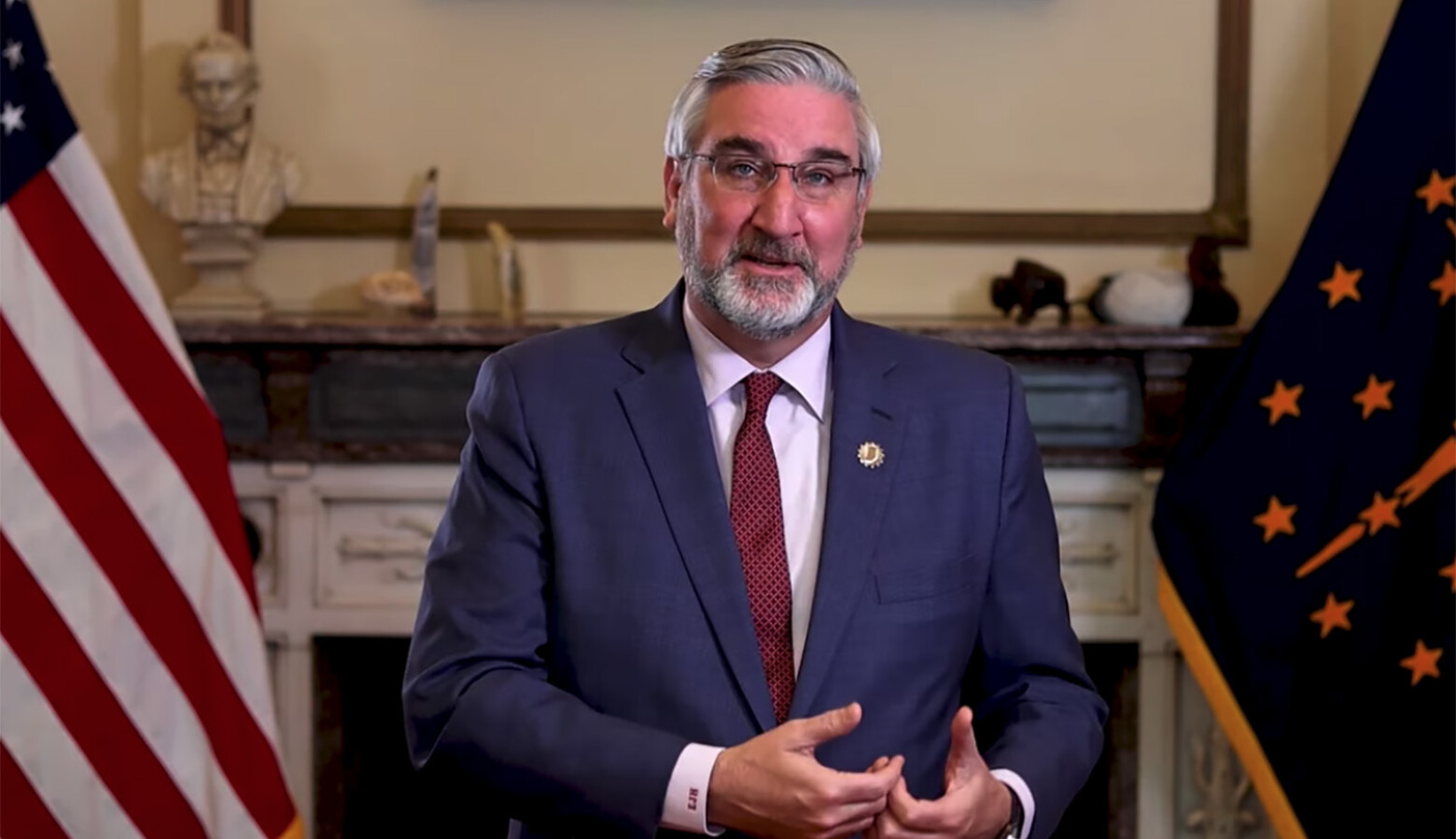 Gov. Eric Holcomb discusses his 2021 agenda in a pre-recorded video for the Dentons Legislative Conference. (Governor Eric Holcomb/YouTube)