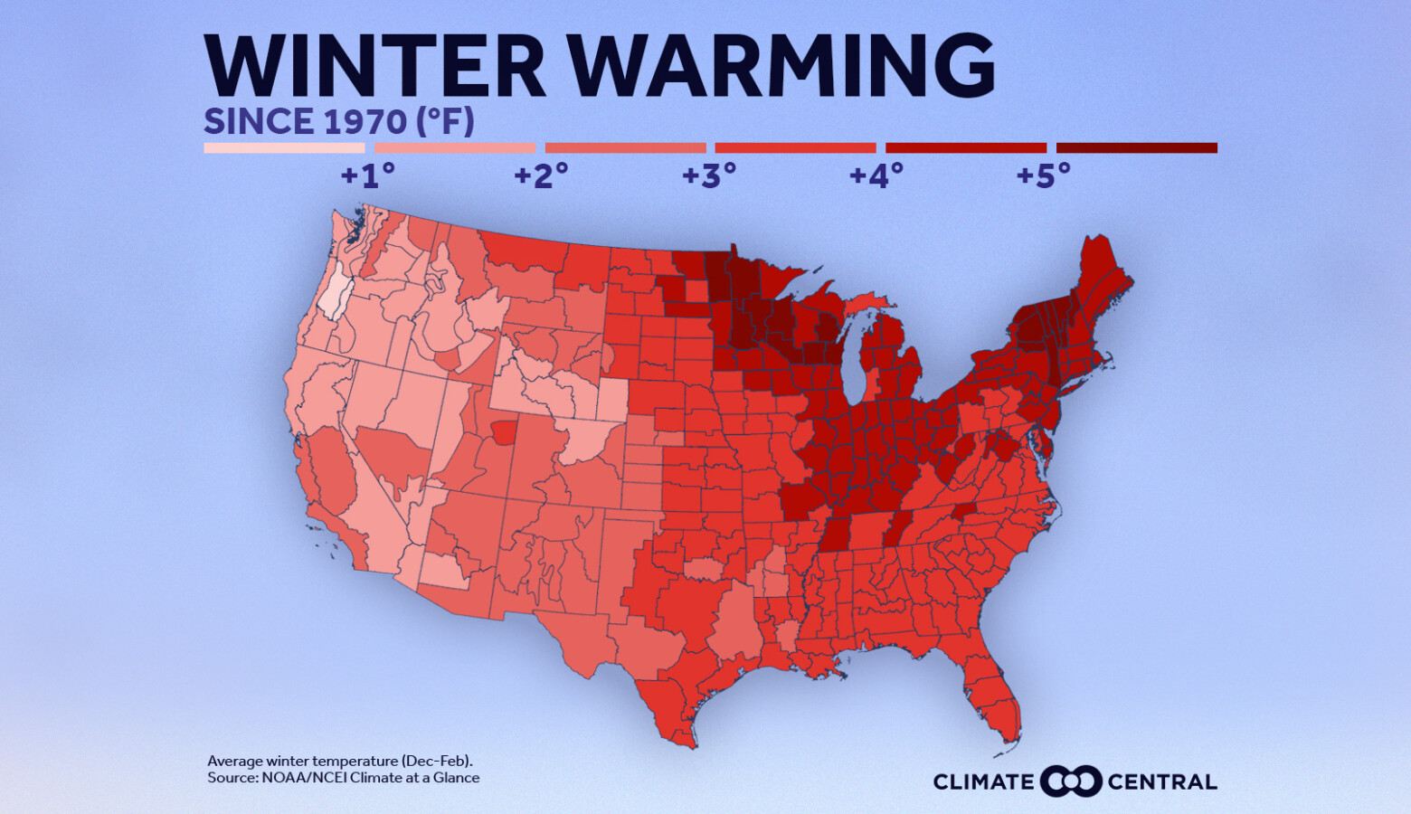 This map shows winter warming for 2020 in the U.S. (Courtesy of Climate Central)