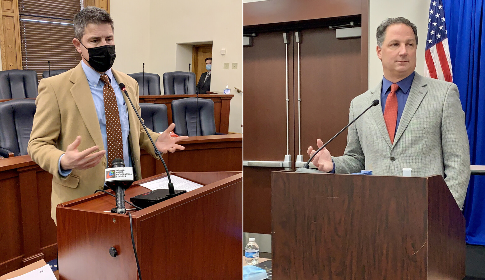 Senate President Pro Tem Rodric Bray (R-Martinsville), left, and House Speaker Todd Huston (R-Fishers), right, speak to reporters. (Brandon Smith/IPB News)