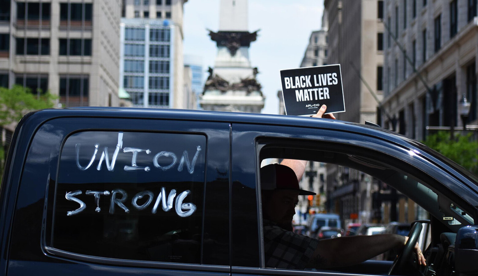 Union workers at a car rally outside the Indiana Statehouse last summer. (Justin Hicks/IPB News)