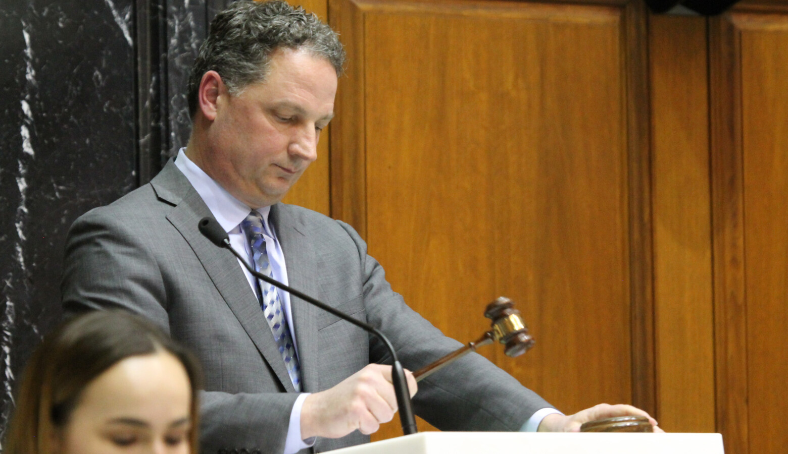 Speaker Todd Huston said he's "embarrassed" that some Republicans booed and heckled Black Democratic lawmakers who were speaking on the House floor. (Lauren Chapman/IPB News)