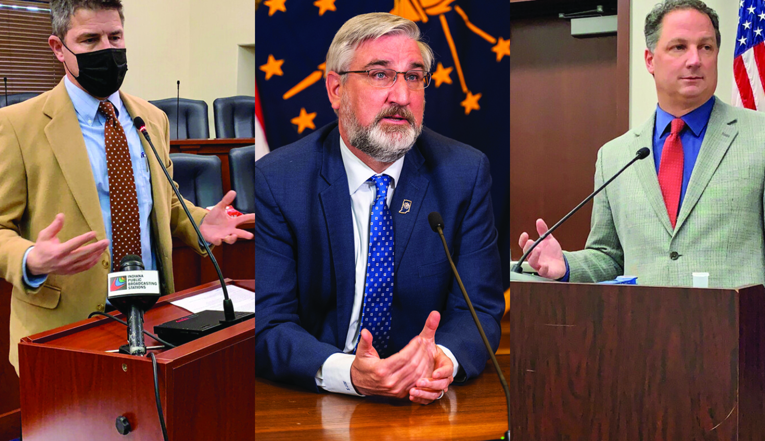 Gov. Eric Holcomb, center, sued the Indiana General Assembly, led by Senate President Pro Tem Rodric Bray (R-Martinsville), left and House Speaker Todd Huston (R-Fishers), right, over an emergency powers law. (Brandon Smith/IPB News and courtesy of the go