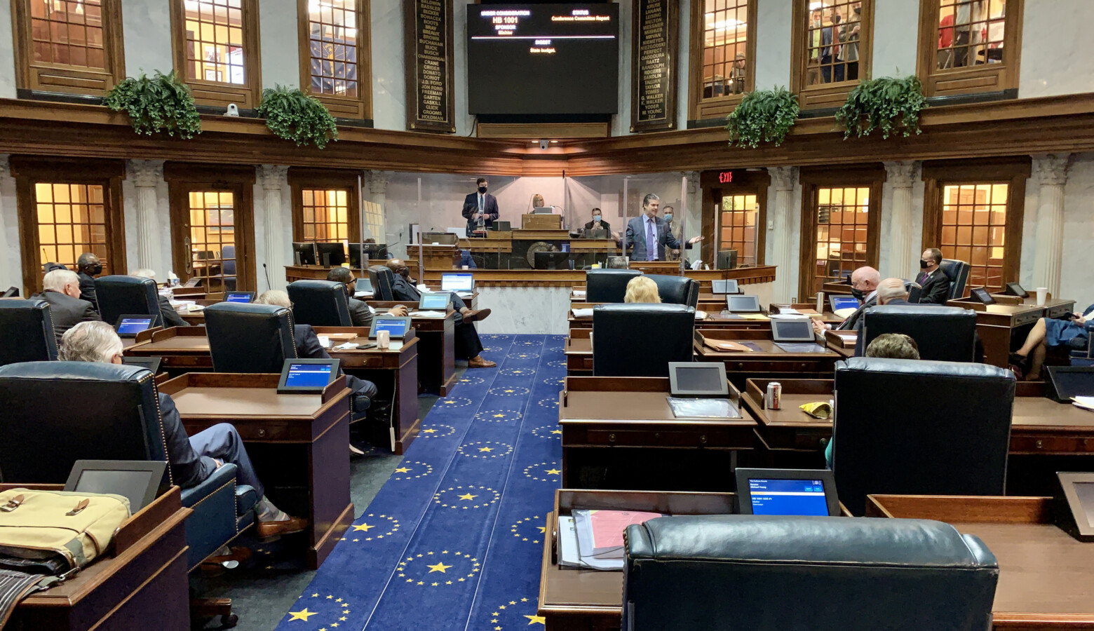 Senate lawmakers were divided between their chamber floor and the balcony for the 2021 legislative session, in order to better socially distance. (Brandon Smith/IPB News)