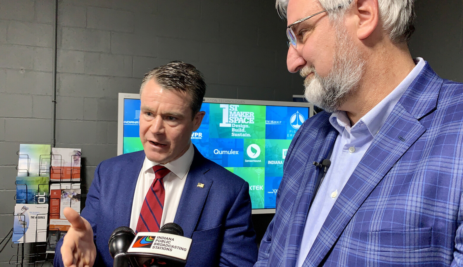 Sen. Todd Young (R-Ind.), left, and Gov. Eric Holcomb, right, said Indiana is well-positioned to compete for one of the regional technology hubs created by Young's Endless Frontier Act. (Brandon Smith/IPB News)